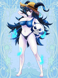  adashinohra_anna arm_up ball beachball bikini black_eyes black_hair black_horns blue_background blue_bikini character_request check_character dairoku_ryouhei female full_body hair_between_eyes hat highres holding holding_ball holding_beachball horns long_hair messy_hair navel pale_skin solo standing straw_hat su_(pixiv44447) sun_hat swimsuit 