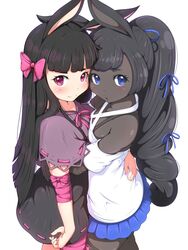  2girls animal_ears arm_wrap black_dress black_hair blue_eyes blue_ribbon blunt_bangs blush bow breasts capelet closed_mouth commentary cowboy_shot dark-skinned_female dark_skin dress english_commentary hair_ribbon hairbow hanoyama heavyblade_rabbit high_ponytail highres hime_cut hug long_hair looking_at_viewer medium_bangs multiple_girls open_mouth pink_bow pink_eyes ponytail purple_capelet rabbit_and_steel rabbit_ears rabbit_girl ribbon simple_background small_breasts smile sniper_rabbit very_dark_skin very_long_hair white_background white_dress 