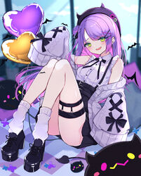  :3 absurdres balloon beret bibi_(tokoyami_towa) black_beret black_footwear black_hat black_ribbon black_skirt blurry blurry_background blush blush_stickers breasts cardigan cardigan_partially_removed collared_shirt colored_inner_hair commentary cross cross-laced_clothes cross-laced_sleeves cross_earrings demon_girl demon_tail ear_piercing earrings fake_horns female frilled_shirt frills full_body gradient_hair green_eyes grey_cardigan haidollo hair_bun hair_ornament hair_ribbon hairclip hat heart heart_balloon heart_earrings high-waist_skirt highres hololive horned_headwear horns jewelry jirai_kei leg_tattoo long_hair looking_at_viewer loose_socks miniskirt multicolored_hair neck_ribbon nervous_smile oerba_yun_fang official_alternate_costume official_alternate_hairstyle open_cardigan open_clothes open_mouth piercing pink_hair platform_footwear pleated_skirt pointy_ears pom_pom_(clothes) purple_hair ribbon shirt shoes side_up_bun sidelocks simple_bat single_side_bun skin_fang skirt sleeveless sleeveless_shirt sleeves_past_fingers sleeves_past_wrists small_breasts smile socks solo spike_piercing streaked_hair suspender_skirt suspenders swept_bangs tail tail_ornament tail_piercing tattoo thigh_strap tokoyami_towa tokoyami_towa_(jirai_kei) virtual_youtuber white_shirt white_socks x_hair_ornament 