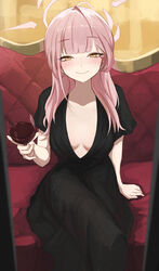  absurdres alcohol alternate_costume aru_(blue_archive) black_dress blue_archive blunt_bangs blush breasts closed_mouth commentary couch cup dot_nose dress drink drinking_glass english_commentary female furai_sen halo highres holding holding_drink long_hair looking_at_viewer pink_hair pink_halo red_wine short_sleeves sitting small_breasts smile solo wine wine_glass yellow_eyes 