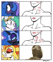  absurd_res bite_mark blush daybreaker_(mlp) female feral friendship_is_magic group hasbro hi_res icey_(artist) kiss_mark kiss_on_lips meme mexico_alien_(meme) my_little_pony nightmare_moon_(mlp) one_eye_closed princess_celestia_(mlp) princess_luna_(mlp) wink 