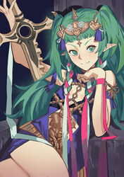  absurdres arm_up armband belt black_background blue_dress blunt_bangs cleavage_cutout clothing_cutout commentary_request crossed_legs dress fire_emblem fire_emblem:_three_houses flat_chest green_eyes green_hair hair_ornament hand_on_own_chin head_rest headpiece highres holding holding_sword holding_weapon jia_ma linea_alba long_hair looking_at_viewer pointy_ears red_ribbon ribbon shadow short_dress simple_background sitting sleeveless smile sothis_(fire_emblem) sword tassel tassel_hair_ornament throne two_side_up very_long_hair weapon wrist_ribbon 