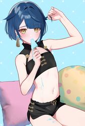  1boy absurdres alternate_costume bare_shoulders bikini black_bikini blue_background blue_eyes blue_hair cowboy_shot crop_top earrings food genshin_impact hand_in_own_hair hands_in_hair highres holding holding_own_hair jewelry looking_at_viewer male_focus midriff navel otoko_no_ko popsicle rrr_gns_(riuriu_1212) short_hair short_shorts shorts simple_background single_earring solo stomach swimsuit tassel tassel_earrings xingqiu_(genshin_impact) yellow_eyes 