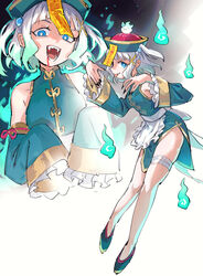  absurdres alternate_costume apron bandaged_leg bandages blood blood_on_teeth blue_eyes chinese_clothes detached_sleeves fangs female fingernails frilled_sleeves frills ghost_girl gradient_hair green_hair hair_ornament hat highres hitodama indie_virtual_youtuber jiangshi long_fingernails looking_at_viewer maid_apron maplesights mint_fantome multicolored_hair ofuda open_mouth qingdai_guanmao sleeves_past_fingers sleeves_past_wrists smile solo teeth tongue tongue_out two_side_up virtual_youtuber white_hair x_hair_ornament 