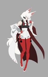  absurdres animal_ear_fluff animal_ears bare_shoulders commentary female fox_ears fox_girl fox_tail full_body grey_background hair_over_one_eye hand_on_own_hip highres looking_at_viewer oerba_yun_fang open_mouth original pantyhose red_eyes red_pantyhose robe short_hair_with_long_locks side_slit sidelocks simple_background solo somersaultdropkick tail white_footwear white_hair white_robe wide_sleeves 