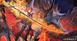  absurdres arknights belt belt_buckle black_belt black_dress black_horns black_thighhighs buckle chinese_commentary closed_mouth commentary_request dress female fire flaming_sword flaming_weapon hair_intakes highres holding holding_sword holding_weapon horns huge_weapon long_hair looking_at_viewer magic monster purple_eyes pyrokinesis red_hair rock short_dress solo standing surtr_(arknights) sword thigh_belt thigh_strap thighhighs very_long_hair watermark weapon weibo_logo weibo_watermark yangmie_mieyi 