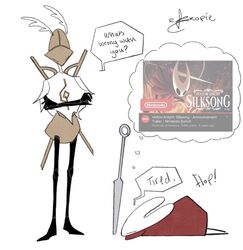  2024 2_horns ambiguous_gender armor arthropod artist_name black_arms black_legs black_text cloak clothed clothing crossed_arms dialogue digital_media_(artwork) duo ekkopiee english_text exclamation_point female flop headgear helmet hollow_knight hollow_knight:_silksong horn hornet_(hollow_knight) melee_weapon nail_(weapon) question question_mark red_cloak red_clothing simple_background speech_bubble sword sword_in_ground talking_to_another team_cherry text thought_bubble weapon white_background 