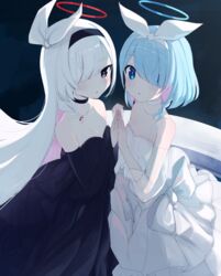  2girls :o alternate_costume arona_(blue_archive) black_choker black_dress black_eyes black_hairband black_sleeves blue_archive blue_background blue_eyes blue_hair blue_halo blush bow braid breasts choker collarbone colored_inner_hair detached_sleeves dot_nose dress frilled_dress frills furai_sen hair_over_one_eye hairband hairbow halo highres long_hair looking_at_another multicolored_hair multiple_girls open_mouth pink_hair plana_(blue_archive) red_halo see-through see-through_sleeves short_hair small_breasts tongue two-tone_hair very_long_hair white_bow white_choker white_dress white_hair 