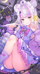  air_writing apron asymmetrical_legwear bow bowtie brooch character_doll closed_mouth crossed_bangs double_bun dress feet_out_of_frame female frilled_apron frilled_dress frills gradient_hair grey_hair haidollo hair_bun highres hololive jacket jacket_partially_removed jewelry kneehighs long_hair long_sleeves looking_at_viewer loose_socks magical_girl maid_headdress medium_dress mismatched_legwear multicolored_hair murasaki_shion murasaki_shion_(magical_girl_maid) nervous_smile open_clothes open_jacket over-kneehighs pink_bow pink_bowtie pink_hair pink_jacket purple_dress purple_hair purple_socks purple_thighhighs shiokko_(murasaki_shion) side_up_bun sidelocks single_kneehigh single_loose_sock single_over-kneehigh single_sock single_thighhigh sleeveless sleeveless_dress smile socks solo star_brooch streaked_hair striped_clothes striped_thighhighs thick_thighs thighhighs thighs triangle_hair_ornament uneven_legwear v-shaped_eyebrows virtual_youtuber waist_apron white_apron yellow_eyes 