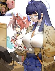  2girls absurdres between_breasts black_hair blue_eyes blue_hair blue_pants blunt_bangs breasts brown_coat coat collar colored_inner_hair denim girl_staring_at_guy&#039;s_chest_(meme) glasses hachiman_(rogeri39) hair_intakes hakos_baelz half-closed_eyes high-waist_pants highres hololive hololive_english jeans large_breasts long_hair long_sleeves meme multicolored_hair multiple_girls official_alternate_costume official_alternate_hair_length official_alternate_hairstyle ouro_kronii ouro_kronii_(casual) pants red_hair semi-rimless_eyewear shirt spiked_collar spikes strap_between_breasts sweater sweater_tucked_in trench_coat turtleneck virtual_youtuber white_shirt white_sweater 