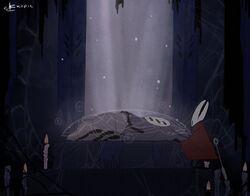  2024 2_horns arachnid arthropod artist_name black_arms black_body black_eyes black_legs candle cloak clothed clothing daughter_(lore) digital_media_(artwork) duo ekkopiee english_text female herrah_(hollow_knight) hollow_knight horn hornet_(hollow_knight) kneeling looking_at_another lying mask mother_(lore) mother_and_child_(lore) mother_and_daughter_(lore) multi_eye multi_limb nail_(weapon) on_back parent_(lore) parent_and_child_(lore) parent_and_daughter_(lore) particles red_cloak red_clothing sleeping spider team_cherry text weapon 