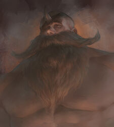  1boy bald bara beard brown_background dungeons_&amp;_dragons eyepatch facial_hair full_beard handlebar_mustache horns large_pectorals long_beard long_mustache moustache muscular muscular_male nat_the_lich nipples no_mouth nose original painterly pectorals simple_background single_horn solo thick_beard thick_mustache 