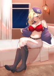  absurdres azur_lane bare_shoulders bed bedroom belt black_belt black_footwear blanket blonde_hair blue_eyes blue_jacket blush boots bra breasts closed_mouth collarbone curtains earrings english_commentary female flower gloves hat hat_flower highres hood_(azur_lane) hood_(gentlewoman_and_stallion)_(azur_lane) indoors jacket jewelry kghazir knee_boots large_breasts long_hair long_sleeves looking_at_viewer navel night official_alternate_costume pants pants_tucked_in pillow red_bra riding_boots riding_outfit ring sitting smile stomach sweat tilted_headwear underwear undressing wall_lamp wedding_ring white_pants window 