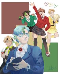  5boys abstract_background absurdres ahoge blonde_hair blue_eyes blue_hair book brown_eyes brown_hair cosplay crossdressing fins fish_boy grian_(youtuber) head_fins heather_chandler heather_chandler_(cosplay) heather_duke heather_duke_(cosplay) heather_macnamara heather_macnamara_(cosplay) heathers highres holding holding_book inthelittlewood jacket jason_dean jason_dean_(cosplay) life_heart_(traffic_life) limited_life_smp male_focus mellozheist minecraft_youtube multicolored_hair multiple_boys pointy_ears pom_pom_(cheerleading) shoes signature skirt smajor1995 smallishbeans solidaritygaming standing streaked_hair thighhighs traffic_life_series veronica_sawyer veronica_sawyer_(cosplay) writing zettai_ryouiki 