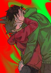  2boys bandaid bandaid_on_cheek bandaid_on_face black_pants blush brown_hair brown_pants chinese_commentary commentary_request edd_(eddsworld) eddsworld green_background green_hoodie hand_on_another&#039;s_face highres hood hood_down hoodie hug kissing kuangzihaixing long_sleeves looking_at_another male_focus multicolored_background multiple_boys pants red_background red_hoodie short_hair spiked_hair surprised tord_(eddsworld) yaoi 