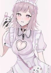  bag black_nails blush bow breasts cleavage cleavage_cutout clothing_cutout danganronpa_(series) danganronpa_2:_goodbye_despair dress ear_bow female grin hand_up heart_cutout heart_o-ring highres large_breasts maid medium_hair nail_polish nanami_chiaki pink_bow pink_dress pink_eyes puffy_short_sleeves puffy_sleeves shima_(fm_90mhz) short_sleeves shoulder_bag simple_background smile solo spaceship_hair_ornament sweat teeth usami_(danganronpa) 