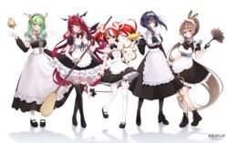  5girls ahoge alternate_costume animal_ears apron arm_at_side artist_name asymmetrical_wings black_bow black_bowtie black_dress black_gloves black_hair black_pantyhose black_shirt black_skirt black_thighhighs black_wings blue_eyes blush boots bow bowtie breasts bridal_garter broom brown_eyes brown_hair ceres_fauna cleavage closed_mouth clothing_cutout commentary cross-laced_clothes cross-laced_dress cross-laced_footwear crossed_bangs crossed_legs crystal_wings detached_collar detached_sleeves double-parted_bangs dress duster english_commentary enmaided feather_duster fingerless_gloves frilled_apron frilled_hairband frilled_skirt frills full_body gloves green_hair hair_between_eyes hair_ornament hairband hairclip hakos_baelz hand_up heterochromia highres holding holding_broom holding_tray holocouncil hololive hololive_english horns irys_(hololive) keipup lace-up_boots lolita_hairband long_dress long_hair long_pointy_ears looking_at_viewer maid maid_headdress medium_breasts miniskirt mouse_ears multicolored_hair multiple_girls multiple_horns nanashi_mumei off-shoulder_dress off_shoulder ouro_kronii ouro_kronii_(casual) pantyhose pink_eyes pointy_ears ponytail puffy_short_sleeves puffy_sleeves red_hair shirt short_hair short_sleeves sidelocks simple_background single_glove skirt smile socks square_neckline streaked_hair thigh_boots thighhighs tray twitter_username underboob_cutout underbust very_long_hair virtual_youtuber waist_apron watson_cross white_apron white_background white_socks white_thighhighs white_wings wings yellow_eyes 