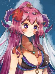  bikini black_bikini blue_gemstone breasts cleavage curled_horns female fire_emblem fire_emblem_heroes gem goat_horns high_ponytail highres horns jewelry large_breasts large_horns necklace nerthuz_(fire_emblem) nerthuz_(summer)_(fire_emblem) official_alternate_costume pink_hair ponytail purple_eyes purple_horns solo swimsuit vianchiel 