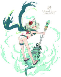  :d ass bikini breasts copyright_name female full_body green_hair green_scarf hair_ornament highres holding holding_mace holding_weapon kneepits little_match_girl_(sinoalice) looking_at_viewer mace red_eyes rixxtux sandals scarf short_hair sinoalice small_breasts smile solo swimsuit thigh_strap weapon white_bikini 