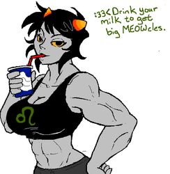  1girls 2012 :3 booty_shorts breasts cleavage clothing color covered_breasts dialogue female female_only grey_skin homestuck horns ms_paint_adventures muscles muscular_female nepeta_leijon planetofjunk simple_background skin solo sports_bra text toned troll white_background windwipe 