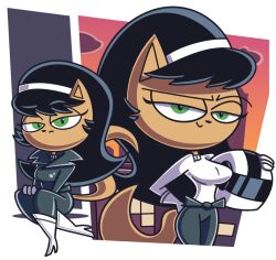  anthro black_hair bodysuit breasts clothed clothing domestic_cat felid feline felis female green_eyes hair kitty_katswell long_hair looking_at_viewer mammal nickelodeon skinsuit skintight_suit smile solo t.u.f.f._puppy tight_clothing toasttank 