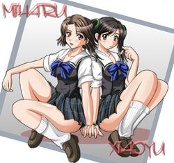  2girls black_hair bow brown_eyes brown_hair ling_xiaoyu miharu_hirano namco open_mouth school_uniform schoolgirls sitting skirt tekken tekken_3 tekken_4 tekken_5_dark_resurrection tekken_tag_tournament tied_hair twintails 