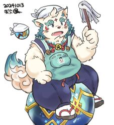  agyo_(tas) anthro apron asian_clothing asian_mythology belly clothing east_asian_clothing east_asian_mythology eyebrows foo_dog footwear hi_res japanese_clothing japanese_mythology komainu lifewonders male mammal mythology nrimbotree overweight sandals shoes socks solo tabi_socks thick_eyebrows tokyo_afterschool_summoners yokai 