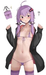  absurdres ahoge bikini black_jacket blush breasts collarbone commentary cowboy_shot dress female front-tie_bikini_top front-tie_top hair_ornament hairpin hands_up highres jacket micro_bikini navel open_clothes open_jacket penguin_(dx19291005) purple_bikini purple_dress purple_eyes purple_hair purple_ribbon purple_thighhighs ribbon short_hair_with_long_locks sidelocks sleeves_past_wrists small_breasts solo swimsuit tan tanlines thighhighs translated unworn_dress v-shaped_eyebrows voiceroid yuzuki_yukari 