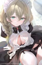  apron aqua_eyes arm_behind_back black_bra black_panties blonde_hair bow bowtie bra braid breasts cleavage female garter_belt garter_straps knee_up large_breasts long_hair looking_at_viewer looking_up maid maid_apron maid_headdress on_floor original ouri_(aya_pine) panties partially_unbuttoned popped_button see-through_clothes see-through_shirt shirt solo thighhighs underwear very_long_hair water_drop wet white_thighhighs 