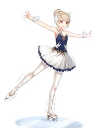  alternate_hair_color armpits bare_arms bare_shoulders blonde_hair blue_dress closers dress feather_hair_ornament feathers female figure_skating figure_skating_dress flat_chest frilled_dress frills full_body fur_wrist_cuffs hair_bun hair_ornament highres ice ice_skates ice_skating leg_ribbon leg_up looking_ahead official_art open_mouth outstretched_arms pantyhose red_eyes ribbon seth_(closers) sharp_teeth short_dress skates skating solo spread_arms standing standing_on_one_leg strapless strapless_dress sweat tachi-e teeth trembling two-tone_dress v-shaped_eyebrows white_background white_dress white_feathers white_footwear white_pantyhose white_ribbon white_wrist_cuffs wrist_cuffs 