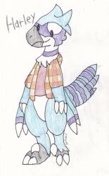  amber_isle anthro beak bottomless clothed clothing dinosaur feathered_dinosaur feathered_scalie feathers hi_res male prehistoric_species reptile scalie shirt shirt_only solo stinkvali tail topwear topwear_only traditional_media_(artwork) wings 