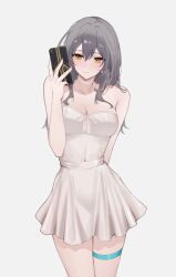  absurdres bare_arms bare_shoulders bow cellphone cowboy_shot dress english_commentary feint721 female grey_bow grey_hair hairbow highres holding holding_phone honkai:_star_rail honkai_(series) long_hair phone short_dress smartphone smile solo standing stelle_(honkai:_star_rail) strapless strapless_dress thigh_strap trailblazer_(honkai:_star_rail) white_dress yellow_eyes 