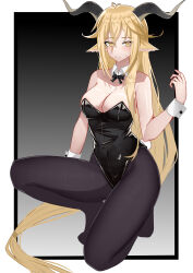  @_@ absurdres animal_ears arknights bare_shoulders black_border black_bow black_bowtie black_pantyhose blonde_hair blush border bow bowtie breasts cleavage closed_mouth collarbone covered_navel degenbrecher_(arknights) detached_collar fake_tail female full_body goat_ears goat_girl goat_horns gradient_background grey_background hand_up highres horns large_breasts leotard long_hair looking_at_viewer muusn no_shoes on_one_knee orange_eyes outside_border pantyhose playboy_bunny rabbit_tail solo strapless strapless_leotard sweat tail very_long_hair white_border wrist_cuffs 