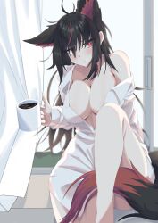  absurdres ahoge airu_22 animal_ear_fluff animal_ears black_hair borrowed_clothes braid breasts coffee coffee_mug collarbone commentary_request cup curtains extra_ears female fox_ears fox_girl fox_tail hair_between_eyes highres holding holding_cup hololive knee_up kurokami_fubuki large_breasts long_hair looking_at_viewer mug multicolored_hair no_bra red_eyes red_hair shirt sidelocks single_braid sitting solo streaked_hair tail virtual_youtuber white_shirt window 