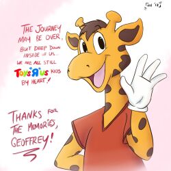  2018 4_fingers anthro brown_hair english_text fingers fur geoffrey_the_giraffe gesture giraffe giraffid hair half-length_portrait hi_res horn looking_at_viewer male mammal markings mascot orange_body orange_fur ossicone portrait signature solo spots spotted_markings text toys_&quot;r&quot;_us unnam3d waving waving_at_viewer 