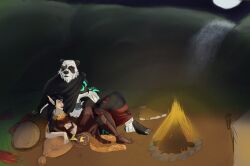  anthro bear digital_drawing_(artwork) digital_media_(artwork) digital_painting_(artwork) duo elf female feral giant_panda human humanoid humanoid_pointy_ears invalid_tag male male/female mammal omen_bear relaxing size_difference xiong xiong_yamamura 