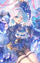  ;d ahoge asymmetrical_gloves balloon black_gloves blue_eyes blue_hair blue_hat blue_jacket female fork furina_(genshin_impact) genshin_impact gloves hat heart_balloon highres holding holding_fork jacket long_sleeves looking_at_viewer maron_star mismatched_gloves multicolored_hair one_eye_closed open_mouth short_hair sitting smile solo streaked_hair thigh_strap thighs top_hat white_gloves white_hair 