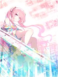  abstract_background absurdres aqua_eyes bare_legs bare_shoulders blush closed_mouth colorful female floating_hair hair_ornament highres legs_apart light_blush long_hair looking_at_viewer looking_to_the_side multicolored_clothes multicolored_eyes on_stairs original pink_eyes pink_hair reizouko shirt shorts sitting sleeveless sleeveless_shirt smile solo swept_bangs twintails two-tone_eyes very_long_hair 