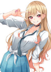  absurdres black_choker blonde_hair blue_skirt breasts choker collared_shirt dress_shirt ear_piercing earrings female front-tie_top gradient_hair grey_necktie gyaru highres jewelry kitagawa_marin kuwakuma large_breasts leaning_to_the_side long_hair long_sleeves looking_at_viewer miniskirt multicolored_hair necktie orange_hair piercing pink_nails pleated_skirt red_eyes school_uniform shirt simple_background skirt sleeves_rolled_up smile solo sono_bisque_doll_wa_koi_wo_suru swept_bangs tied_shirt v_over_eye very_long_hair white_background white_shirt wing_collar 