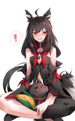  ! absurdres ahoge animal_ear_fluff animal_ears black_hair black_hoodie black_thighhighs blush braid commentary detached_sleeves female fox_ears fox_girl fox_tail hair_between_eyes highres hololive hood hoodie indian_style kurokami_fubuki long_hair looking_at_viewer neckerchief open_mouth red_eyes red_neckerchief sidelocks simple_background single_braid single_thighhigh sitting spoken_exclamation_mark sukonbu_(shirakami_fubuki) tail thighhighs ushio_(user_ndwp8857) virtual_youtuber wavy_mouth white_background 