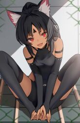  absurdres animal_ear_fluff animal_ears black_gloves black_hair black_thighhighs breasts bridal_gauntlets cat_ears cat_girl commentary dark-skinned_female dark_skin elbow_gloves facial_mark female forehead_mark gloves highres long_hair looking_at_viewer m_legs nekomiya_mana open_mouth red_eyes small_breasts solo thighhighs thomas_8000 toeless_legwear zenless_zone_zero 