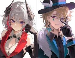  1boy aventurine_(honkai:_star_rail) black_gloves black_horns black_shirt blonde_hair breasts cleavage_cutout closed_mouth clothing_cutout colored_inner_hair earrings elbow_gloves fedora female fur-trimmed_jacket fur_trim gloves green_jacket hair_between_eyes hat honkai:_star_rail honkai_(series) horns jacket jewelry medium_breasts multicolored_hair multiple_rings parted_lips purple_eyes red_hair ring shirt short_hair sicle slave_brand smile teeth topaz_(honkai:_star_rail) twitter_username two-tone_hair white_background white_hair 