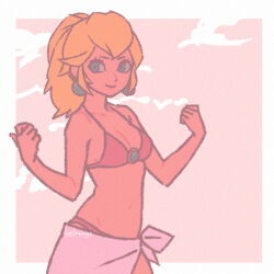  alternate_costume bare_arms bare_shoulders bellhenge bikini blonde_hair blue_eyes earrings female jewelry long_hair looking_at_viewer mario_(series) medium_hair navel ponytail princess_peach smile solo sphere_earrings stomach swimsuit upper_body 