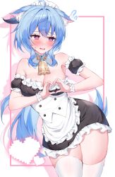  absurdres ahoge animal_ears bare_shoulders bell blue_hair blush breasts embarrassed female ganyu_(genshin_impact) genshin_impact highres horns long_hair maid maid_headdress medium_breasts neck_bell pekokota purple_eyes simple_background solo thighhighs white_thighhighs zettai_ryouiki 