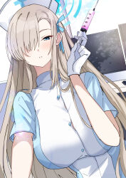  alternate_costume asuna_(blue_archive) blonde_hair blue_archive blue_bow blue_eyes blue_halo blue_sky blush bow breasts button_gap buttons cloud commentary computer_keyboard cross dot_nose dutch_angle female gloves hair_over_one_eye hairbow half-closed_eyes halo hat highres holding holding_syringe huge_breasts lens_flare long_hair looking_at_viewer mi_taro333 monitor nurse nurse_cap one_eye_covered parted_lips short_sleeves sidelocks sky solo syringe upper_body very_long_hair white_gloves window 