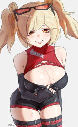  black_gloves black_shorts blonde_hair breasts burnice_white cleavage cowboy_shot elbow_gloves eyewear_on_head female fingerless_gloves gloves grey_background hair_between_eyes highres large_breasts long_hair looking_at_viewer n7grey red-tinted_eyewear red_eyes short_shorts shorts sidelocks simple_background smile solo sunglasses sweat tinted_eyewear zenless_zone_zero 