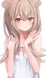  absurdres animal_ears bare_arms bare_shoulders bow brown_eyes brown_hair chemise closed_mouth commentary female flat_chest hair_between_eyes hands_up highres indie_virtual_youtuber kashuu_(pixiv_66328082) lion_ears lion_girl long_hair looking_at_viewer red_bow rurudo_lion simple_background solo upper_body virtual_youtuber white_background 