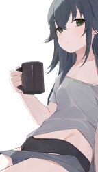  black_hair black_panties clothes_pull cup female gakuen_idolmaster green_eyes grey_shirt grey_shorts highres hiroki_(yyqw7151) holding holding_cup idolmaster long_hair looking_at_viewer panties shirt shorts shorts_pull simple_background sitting solo tsukimura_temari underwear white_background 