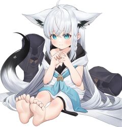  aged_down ahoge animal_ear_fluff animal_ears barefoot black_footwear blue_neckerchief blush boots braid closed_mouth commentary_request feet female fox_ears fox_girl fox_tail grey_hair hair_between_eyes highres hololive hood hoodie long_hair looking_at_viewer neckerchief oversized_clothes own_hands_together pentagram shirakami_fubuki shirakami_fubuki_(1st_costume) side_braid simple_background single_braid sitting soles solo tail toes very_long_hair virtual_youtuber white_background white_hoodie yuya_(yuya_illust) 