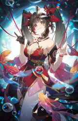  625light absurdres bare_shoulders bell black_choker black_gloves black_hair breasts brown_hair bubble choker criss-cross_halter detached_sleeves dress female fish flower_tattoo fox_mask fox_shadow_puppet gloves halterneck highres honkai:_star_rail honkai_(series) long_hair looking_at_viewer mark_under_both_eyes mask mask_on_head neck_bell pink_eyes red_dress red_sleeves smile solo sparkle_(honkai:_star_rail) tattoo twintails 